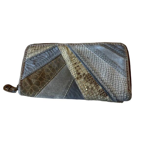 Fossil Brown Leather Wallet With Animal Print Skins On Front Zip Around 8” Wide - Picture 1 of 9